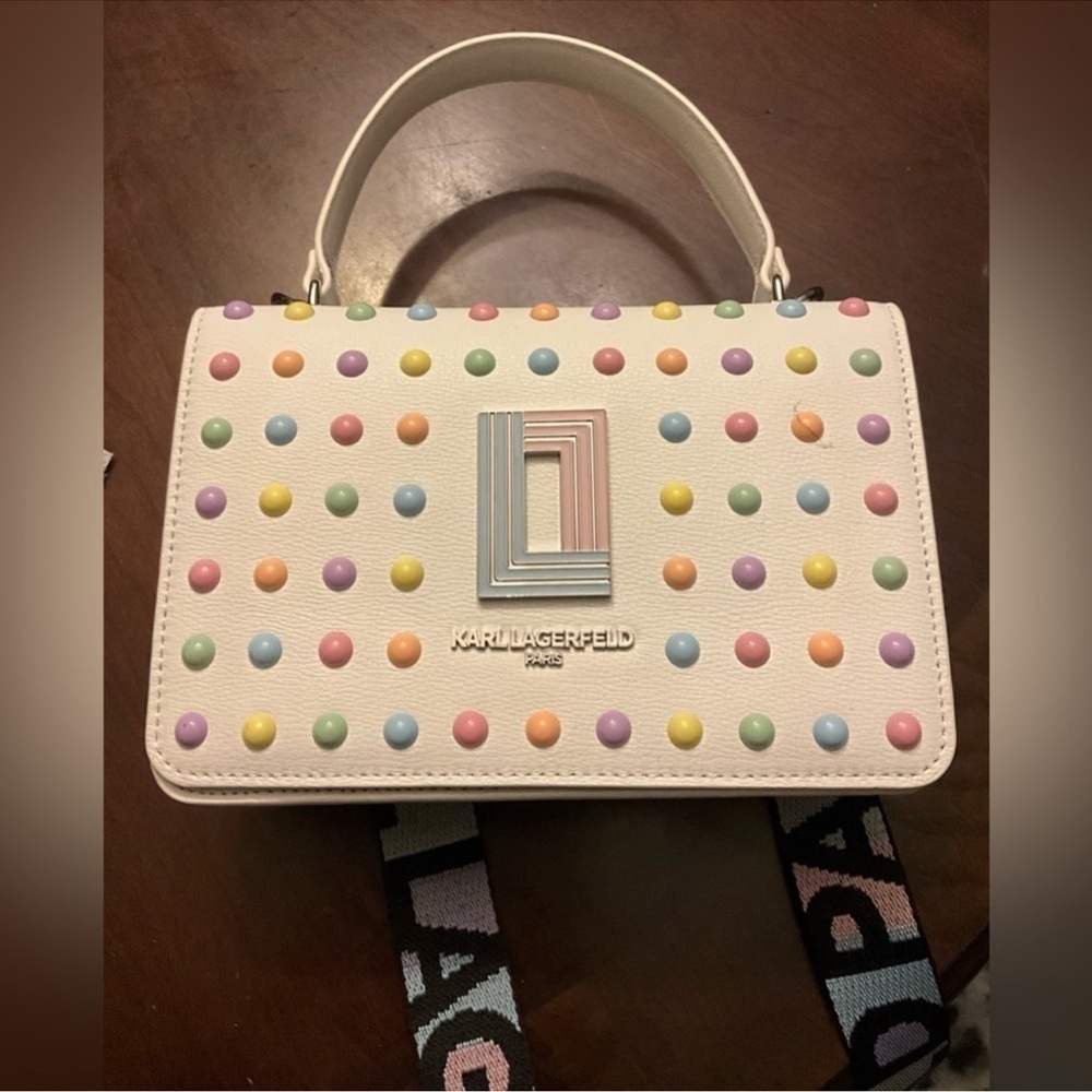 Karl Lagerfeld White Crossbody Bag with Colorful Stud Embellishments